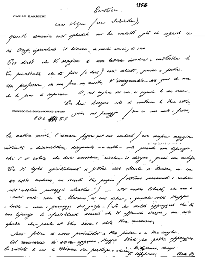 Lettera scritta da Carlo Barbieri a Rino Volpe